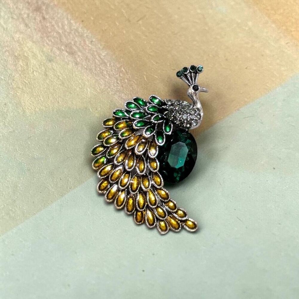 Peacock Brooch Pin, Green Gold Rhinestone Statement Bird, Cottagecore Jewelry